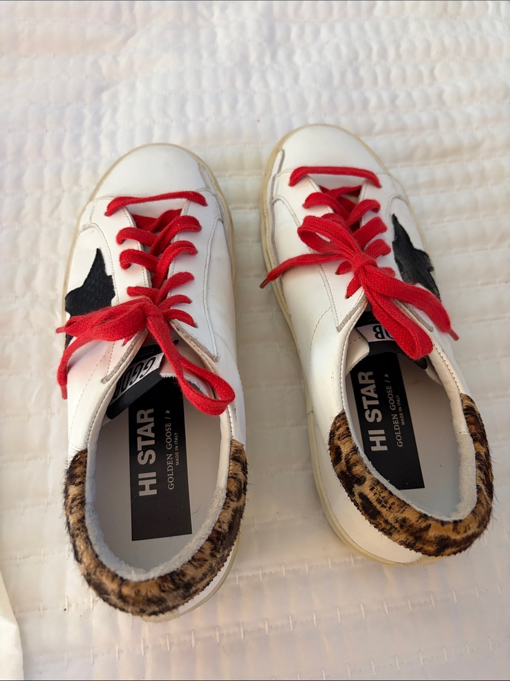 Golden Goose White Sneakers with Red Laces and Black Star
